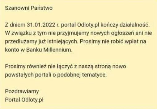 ogłoszenie o zamknięciu strony z anonsami towarzyskimi odloty.pl